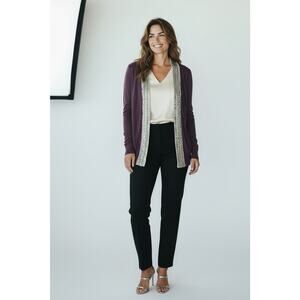 Tory Burch Cardigan Open Front Women's Size Medium Linen Sequin Trimmed Purple